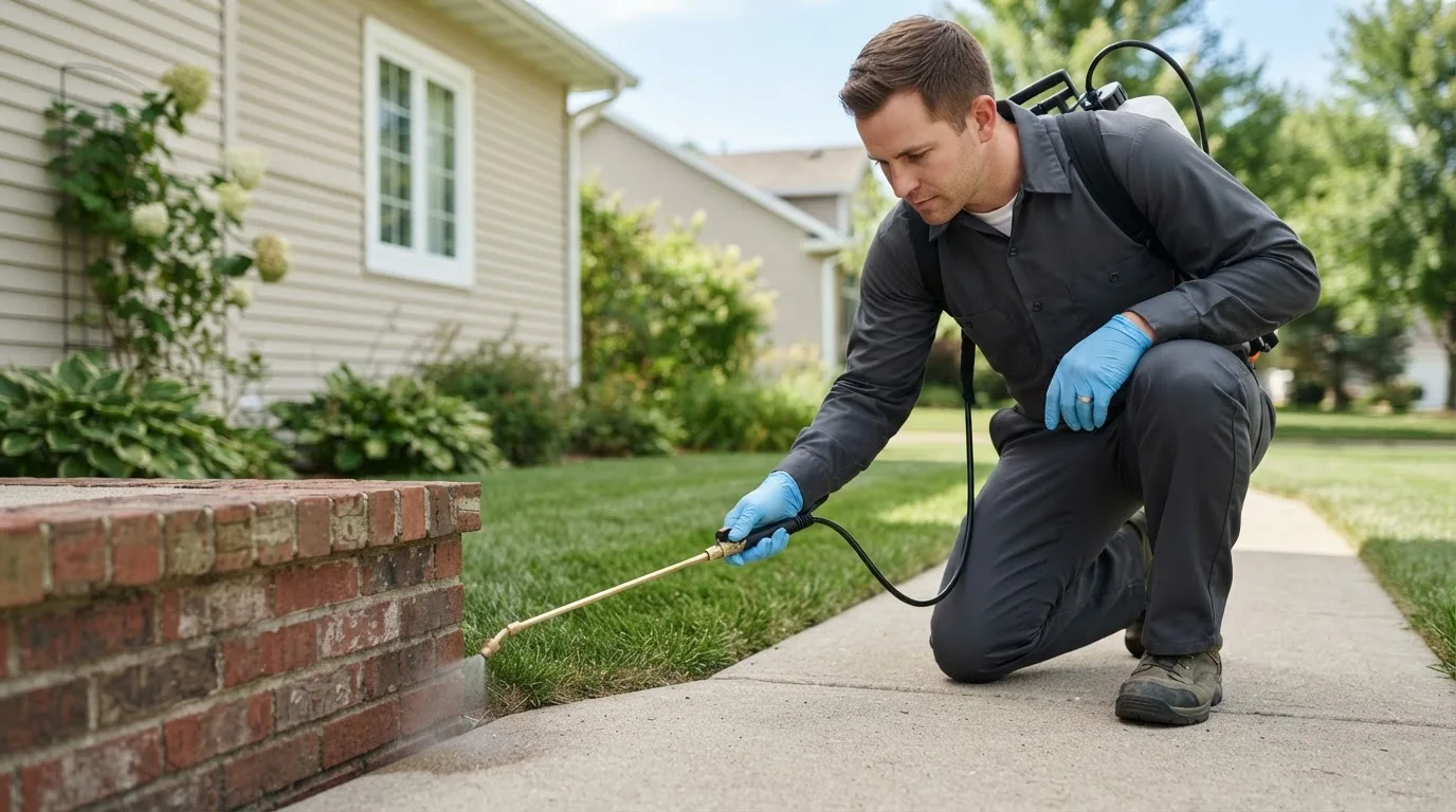 Pest control technician treating a home near Imlay City, MI