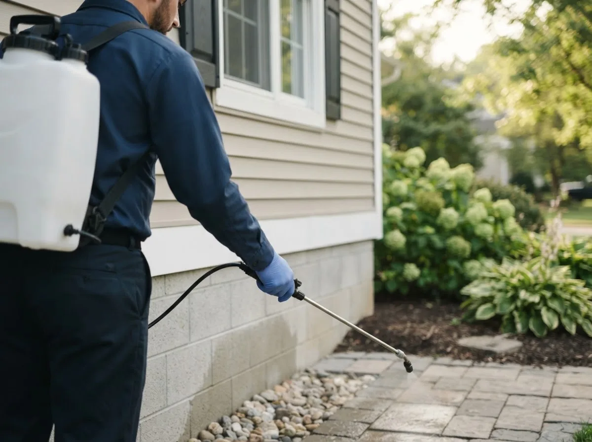 Pest control technician inspecting a home in Imlay City, MI
